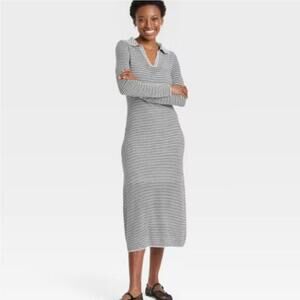 A New Day black & white striped light knit midi dress with collar